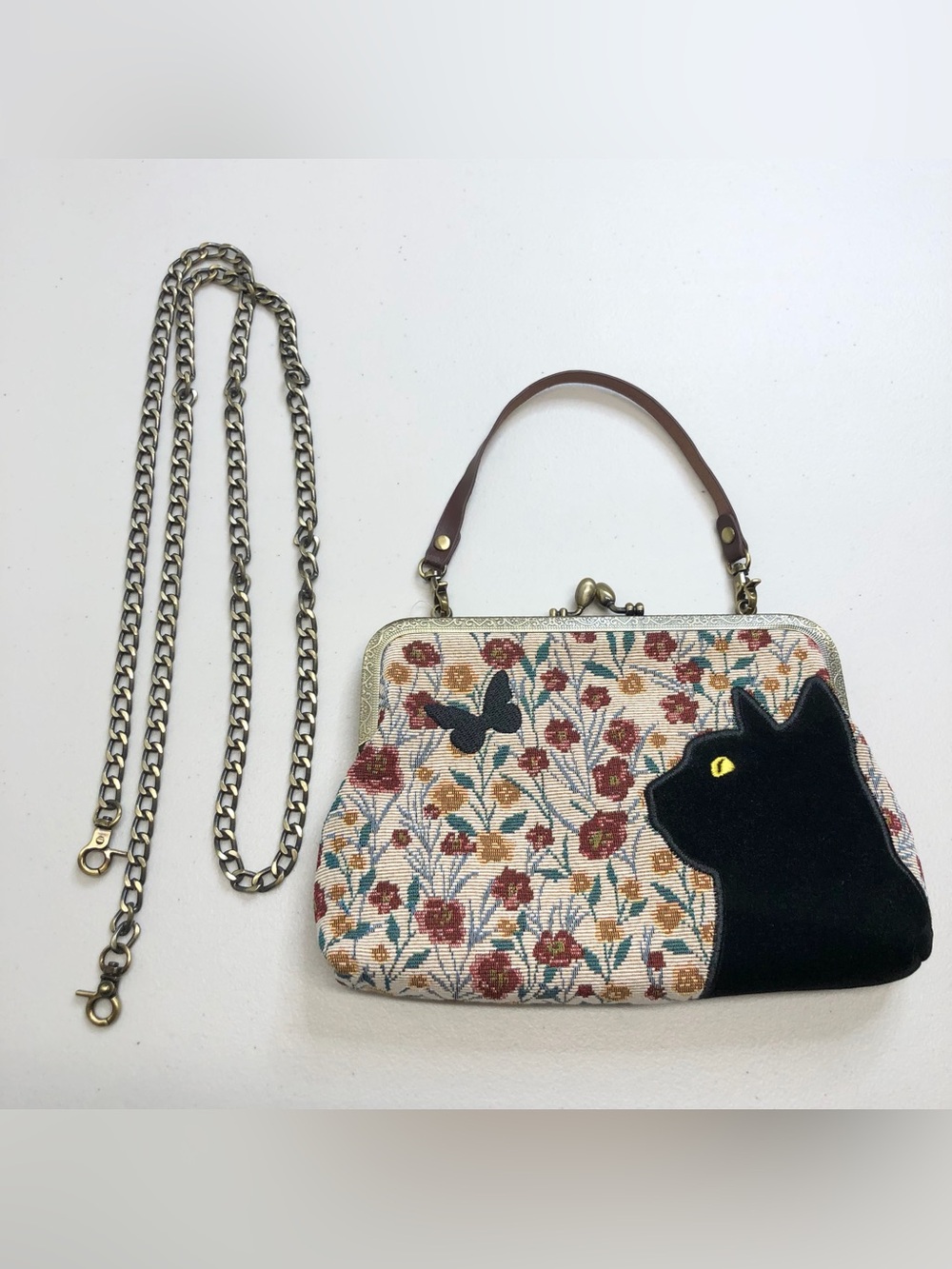 NEW Floral Black Cat Kiss Lock Bag Embroidered Knit Vintage Chain Strap